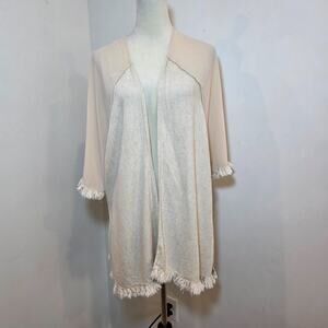 Umgee Beige Cotton Kimono Cardigan w/ Fringe Trim Open Front Boho Hippie Sz M/L